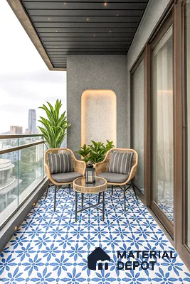 Modern balcony with blue patterned tiles in 3bhk apartment in Durga Petals Marathahalli Bengaluru | Material Depot