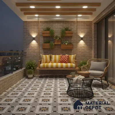Modern balcony with brick cladding, patterned floor tiles, and wooden ceiling beams