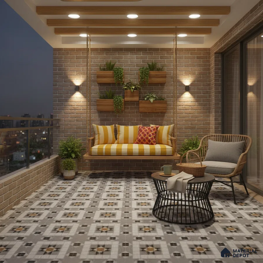 Modern balcony with brick cladding, patterned floor tiles, and wooden ceiling beams