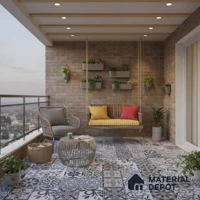 Modern balcony with brick cladding wall and black-and-white patterned moroccan floor tiles