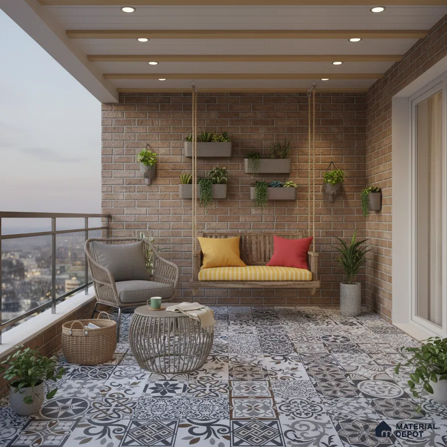 Modern balcony with brick cladding wall and black-and-white patterned moroccan floor tiles