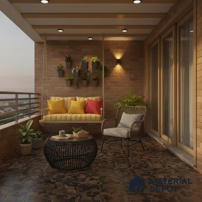 Modern balcony with brick cladding wall and floral patterned brown floor tiles