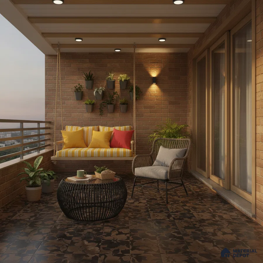 Modern balcony with brick cladding wall and floral patterned brown floor tiles