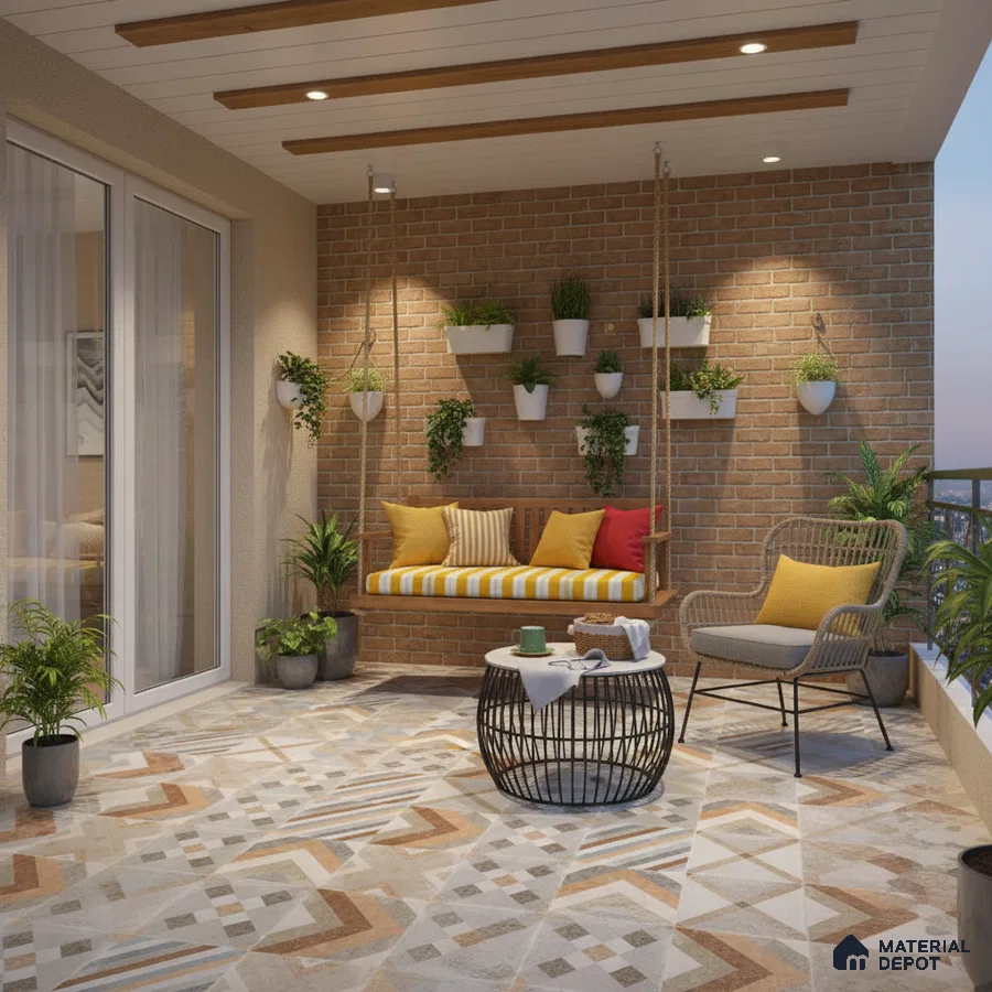 Modern balcony with brick cladding wall and geometric patterned floor tiles