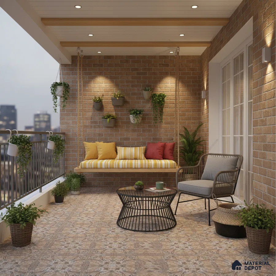Modern balcony with brick cladding wall and patterned floor tiles
