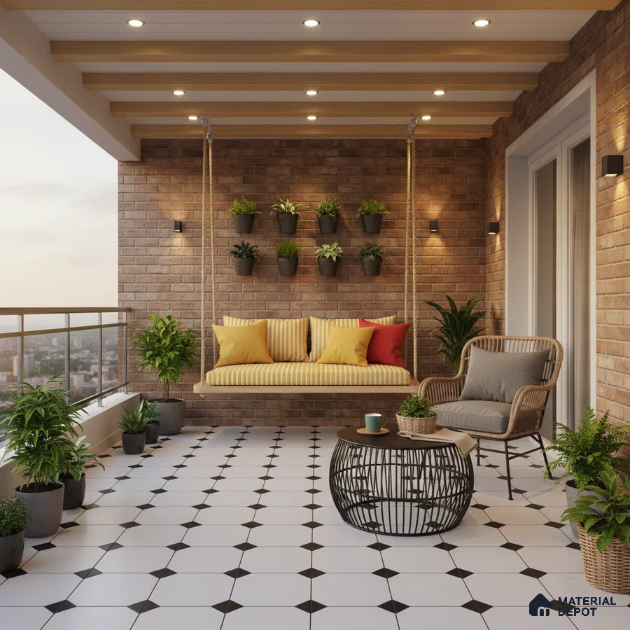 Modern balcony with brick cladding wall, black-and-white geometric floor tiles, and wooden ceiling beams