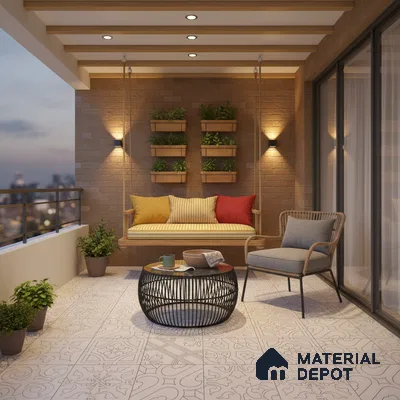 Modern balcony with brick cladding wall, patterned white floor tiles, and wooden swing seating