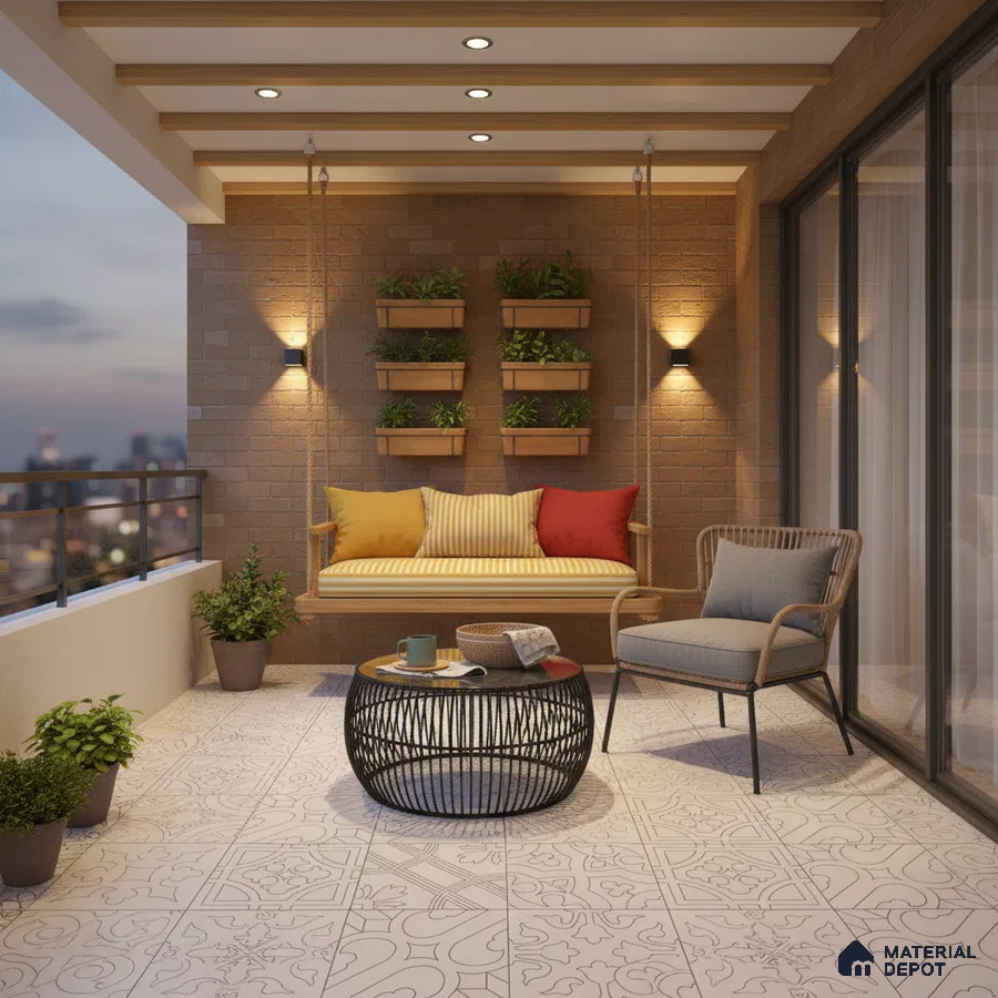 Modern balcony with brick cladding wall, patterned white floor tiles, and wooden swing seating
