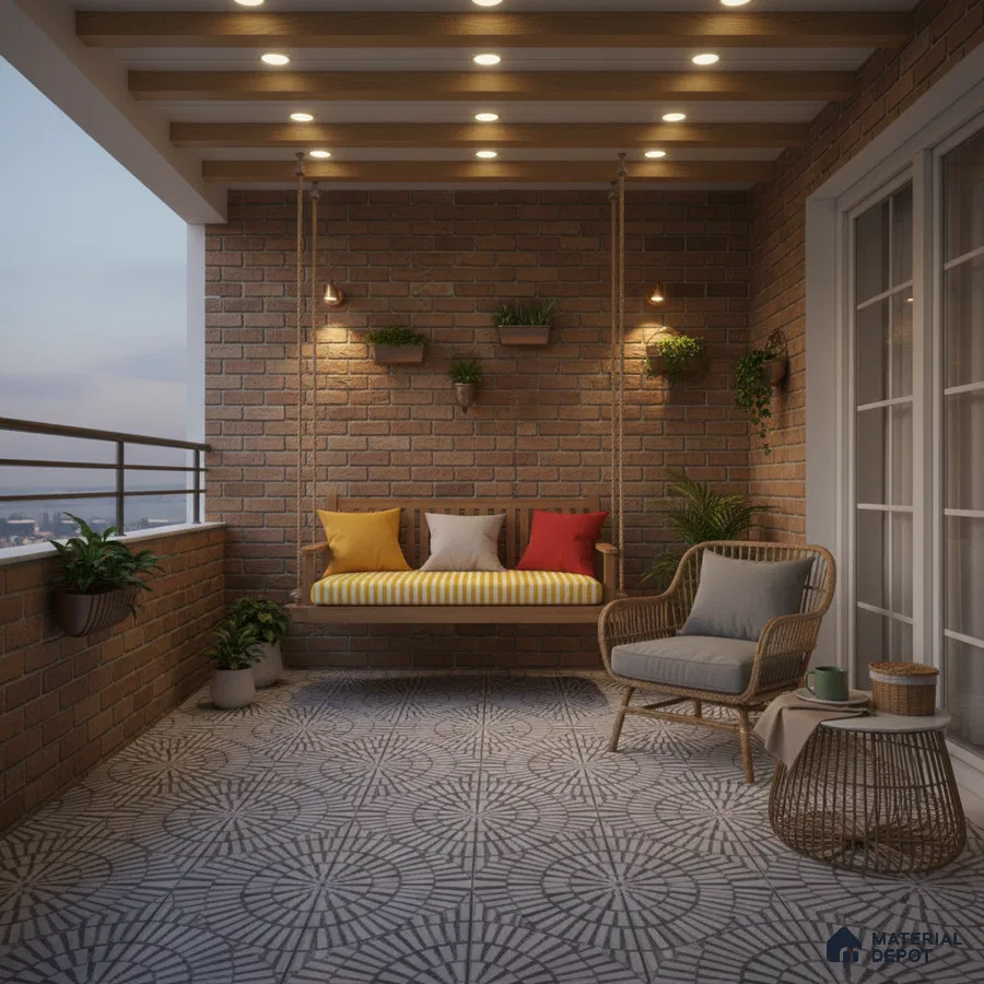 Modern balcony with brick cladding walls and geometric patterned floor tiles