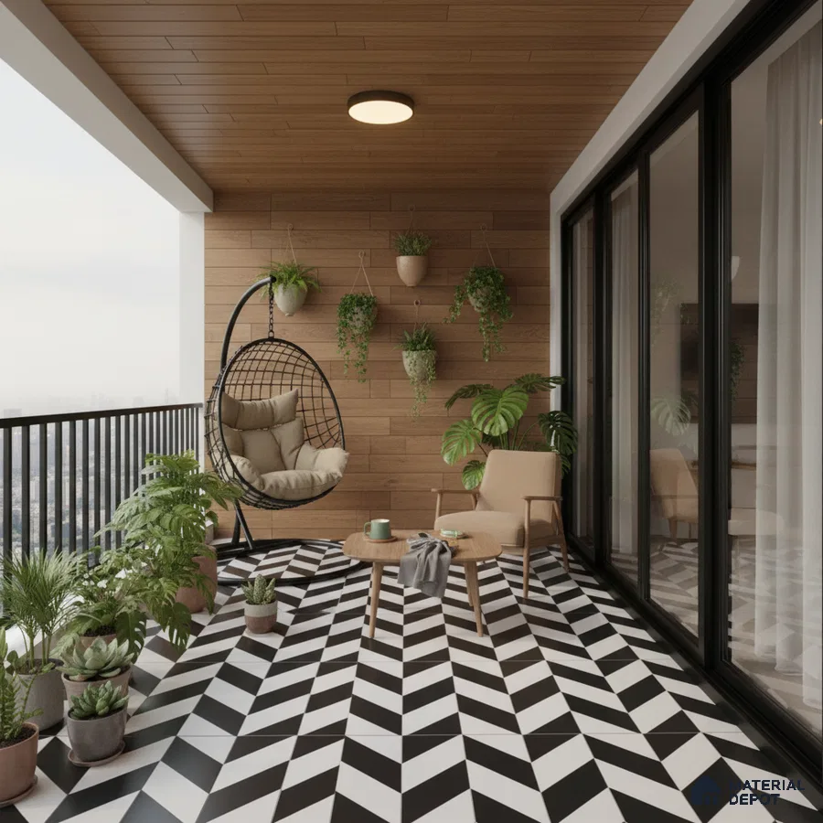 Modern balcony with chevron black-and-white geometric floor tiles and wood-look wall cladding