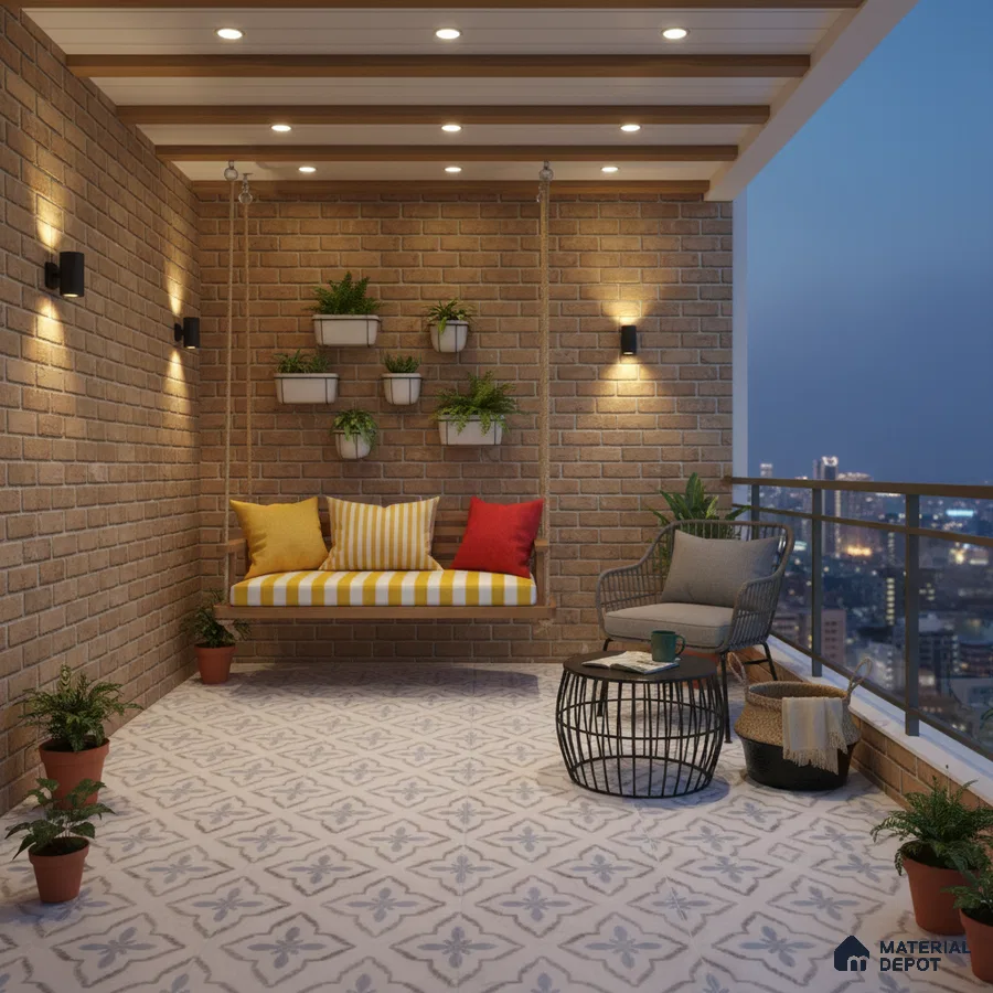 Modern balcony with exposed brick cladding and patterned floor tiles
