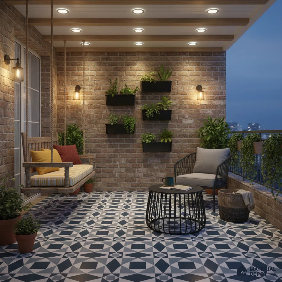 Modern balcony with exposed brick wall and geometric patterned floor tiles