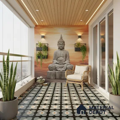 Modern balcony with floral patterned floor tiles, wood ceiling panels, and Buddha mural accent wall