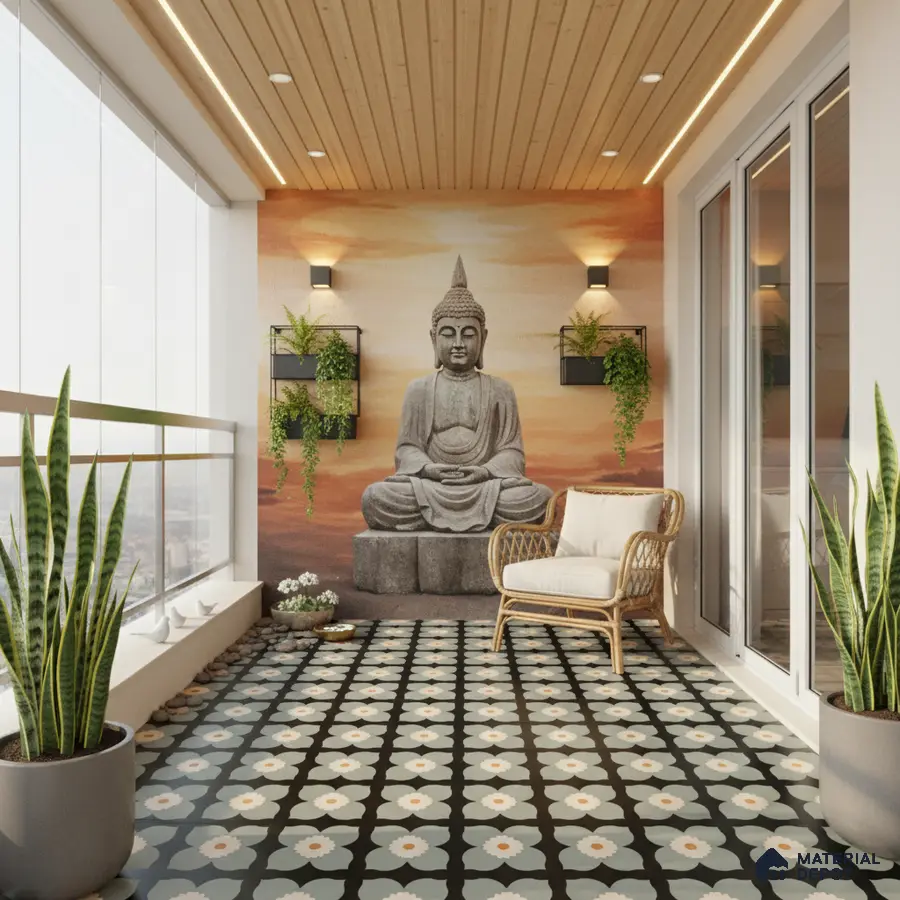 Modern balcony with floral patterned floor tiles, wood ceiling panels, and Buddha mural accent wall