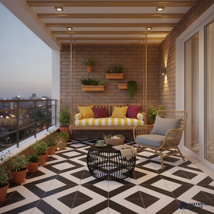 Modern balcony with geometric black-and-white floor tiles and exposed brick wall cladding