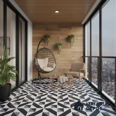Modern balcony with geometric black-and-white floor tiles and light oak wood wall cladding