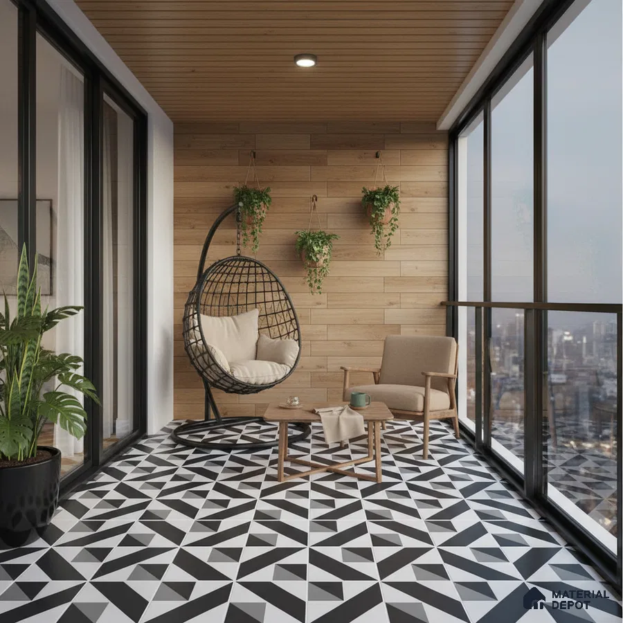 Modern balcony with geometric black-and-white floor tiles and light oak wood wall cladding