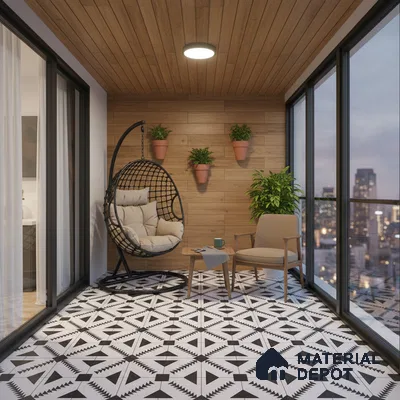 Modern balcony with geometric black-and-white floor tiles and wood-look wall and ceiling panels
