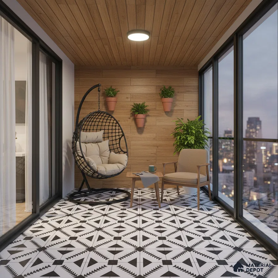 Modern balcony with geometric black-and-white floor tiles and wood-look wall and ceiling panels