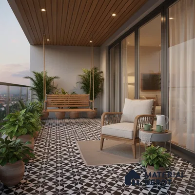 Modern balcony with geometric black-and-white patterned floor tiles and wooden ceiling panels