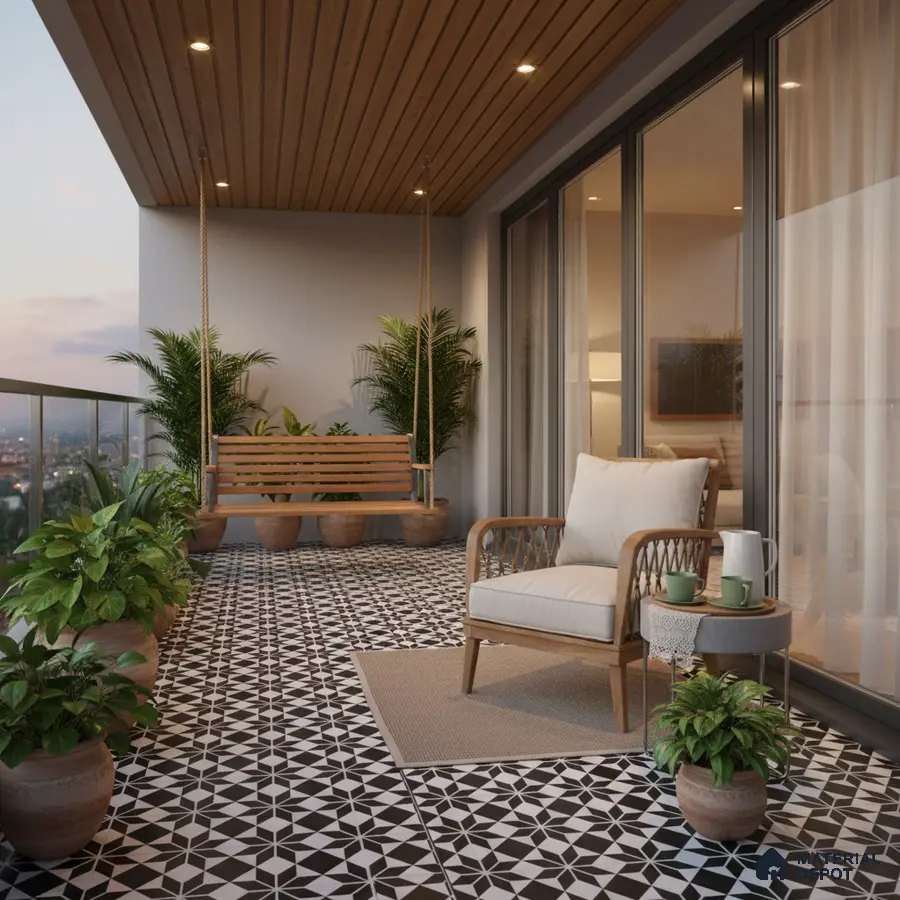 Modern balcony with geometric black-and-white patterned floor tiles and wooden ceiling panels