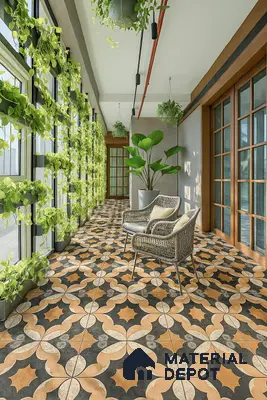 Modern balcony with geometric patterned floor tiles and vertical green wall in Purva Fountain Square Marathahalli 2 BHK Bengaluru Apartment