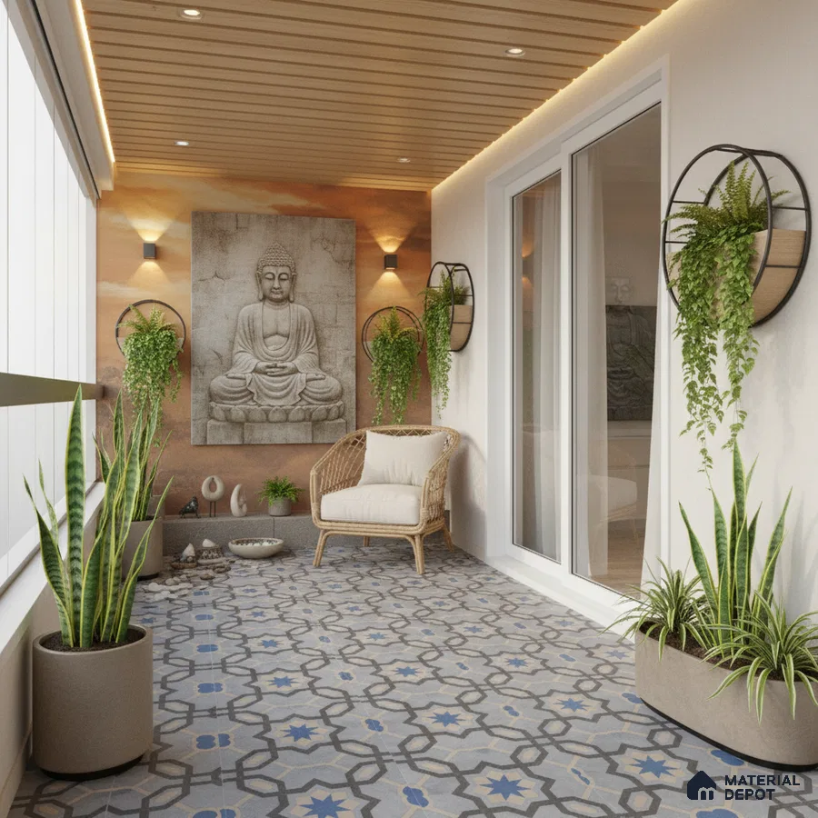 Modern balcony with geometric patterned floor tiles and wooden ceiling panels