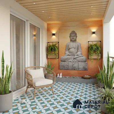Modern balcony with geometric patterned floor tiles, wood slat ceiling, and Buddha accent wall