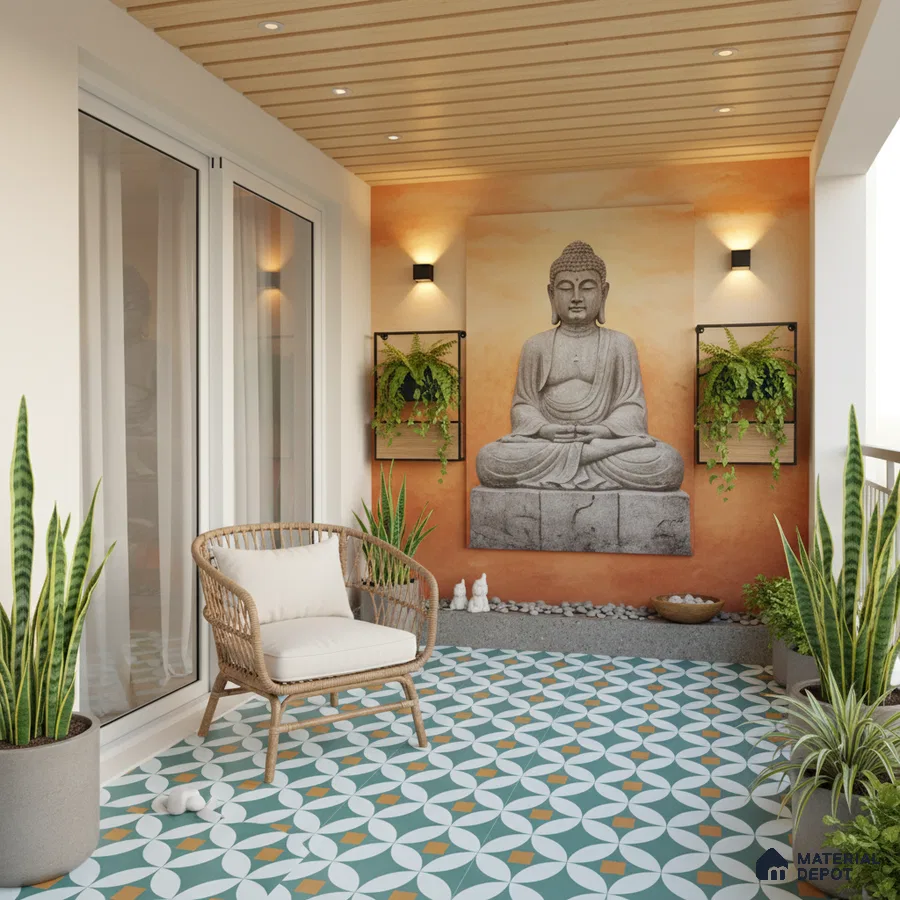 Modern balcony with geometric patterned floor tiles, wood slat ceiling, and Buddha accent wall