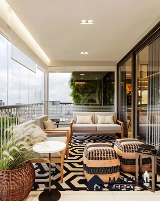 Modern Balcony with Geometric Rug and Outdoor Seating | Material Depot