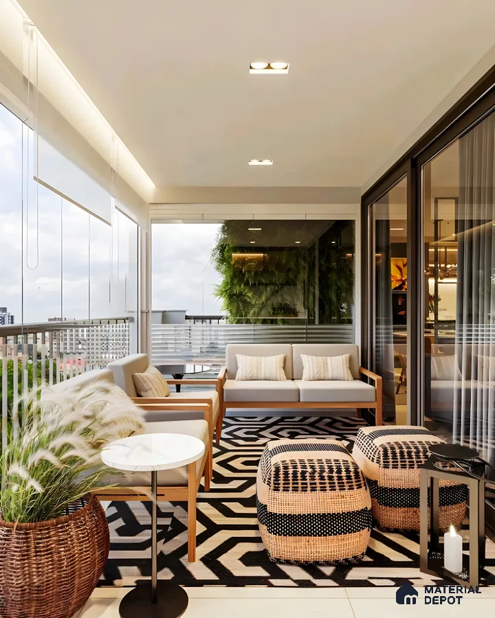Modern Balcony with Geometric Rug and Outdoor Seating | Material Depot