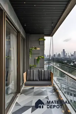 Modern Balcony with Geometric Tiles and City Views | Material Depot