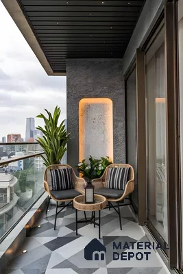 Modern Balcony with Geometric Tiles and City Views | Material Depot