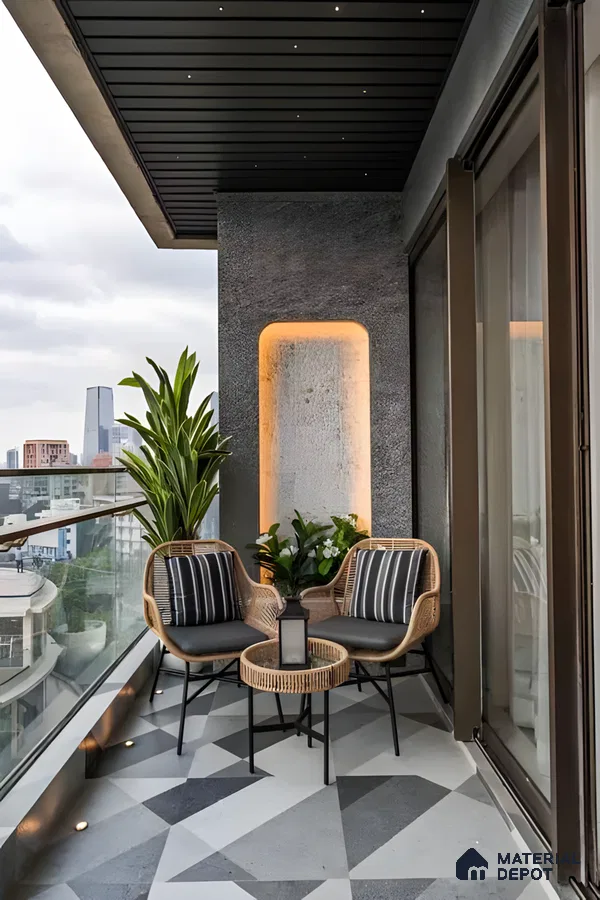 Modern Balcony with Geometric Tiles and City Views | Material Depot