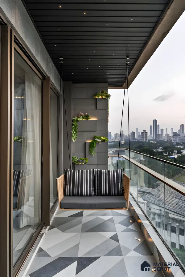 Modern Balcony with Geometric Tiles and Urban Views | Material Depot