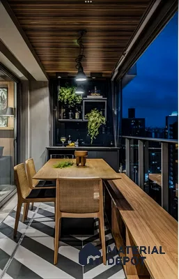 Modern Balcony with Herringbone Tiles and Outdoor Dining Area | Material Depot