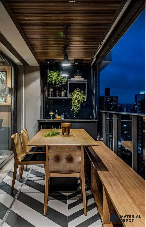 Modern Balcony with Herringbone Tiles and Outdoor Dining Area | Material Depot