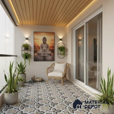 Modern balcony with patterned geometric floor tiles and natural wood ceiling panels