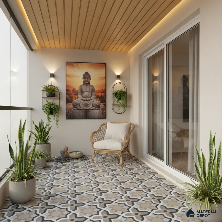 Modern balcony with patterned geometric floor tiles and natural wood ceiling panels