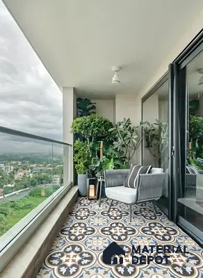 Modern balcony with patterned moroccan floor tiles and lush green planters in Sattva Anugraha Vijayanagar 3 BHK Bengaluru Apartment