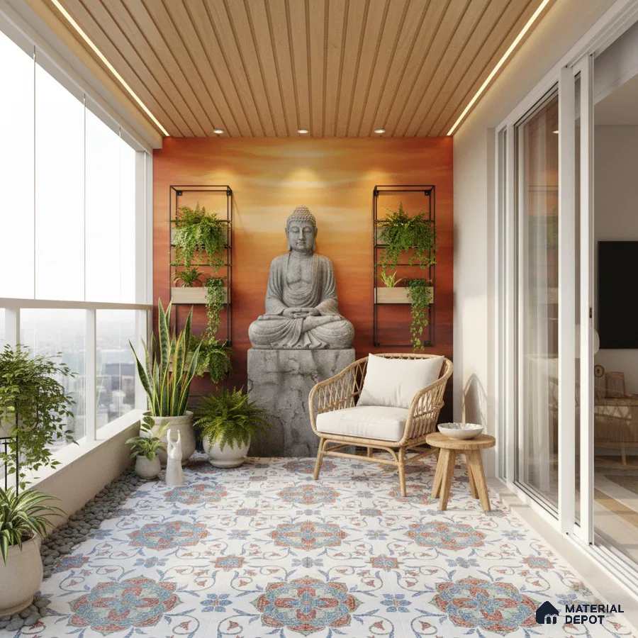 Modern balcony with patterned moroccan floor tiles, wood ceiling panels, and sunset gradient wall panel