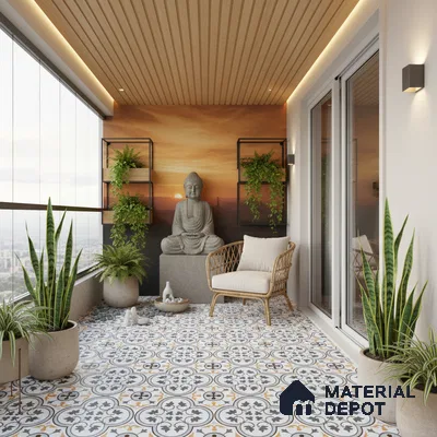 Modern balcony with patterned moroccan floor tiles, wood slat ceiling, and sunset mural wall