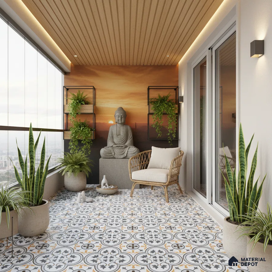 Modern balcony with patterned moroccan floor tiles, wood slat ceiling, and sunset mural wall
