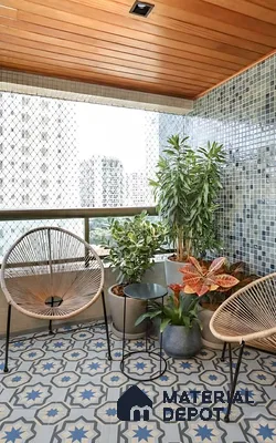 Modern balcony with patterned moroccan floor tiles, wooden ceiling, and mosaic wall tiles in Sattva Oppus Whitefield 3 BHK Bengaluru Apartment