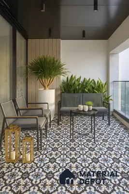 Modern Balcony with Patterned Tiles and Cozy Outdoor Seating | Material Depot