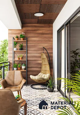 Modern Balcony with Patterned Tiles and Wooden Accents | Material Depot
