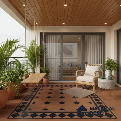 Modern balcony with terracotta geometric floor tiles and wooden ceiling panels