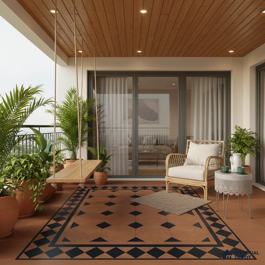 Modern balcony with terracotta geometric floor tiles and wooden ceiling panels