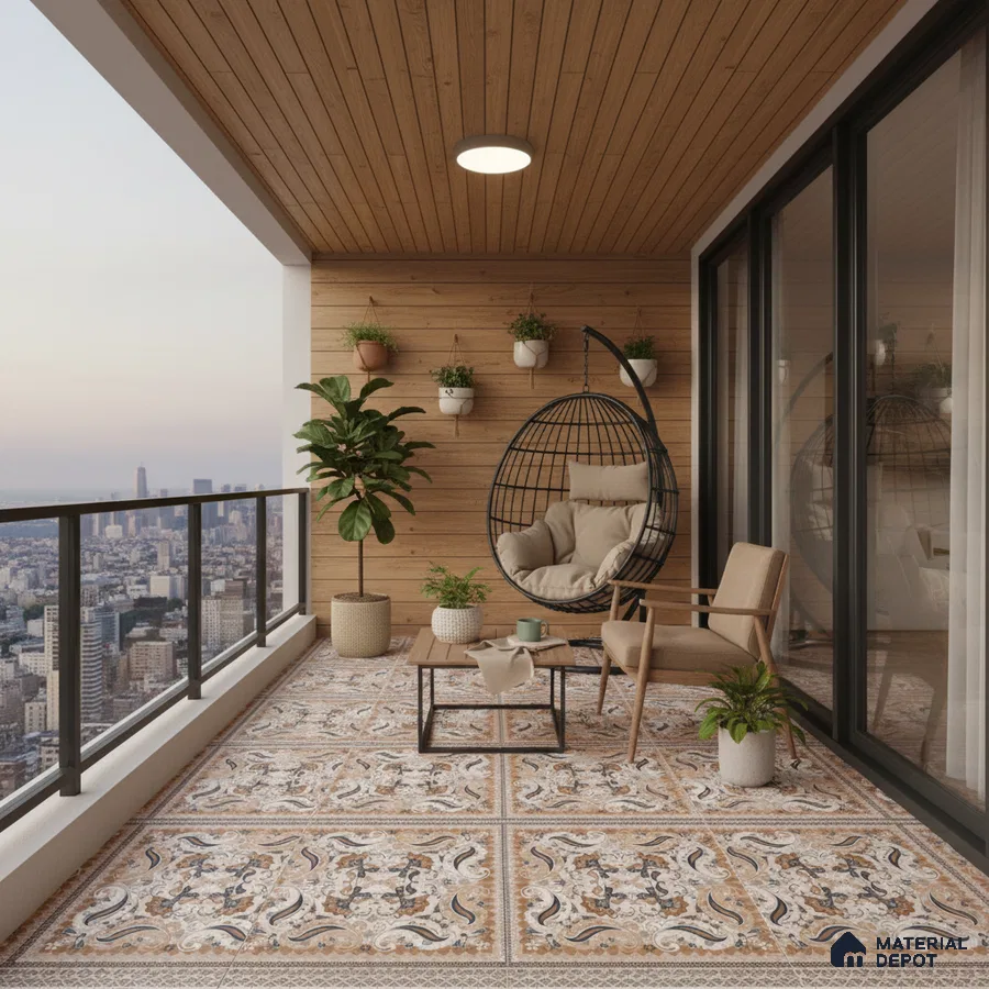 Modern balcony with wood cladding and patterned moroccan floor tiles