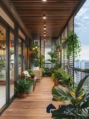 Modern Balcony with Wooden Decking and Greenery | Material Depot